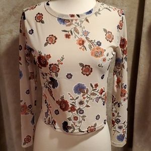 Ginger G Long Sleeve Tan Floral Print Top Small